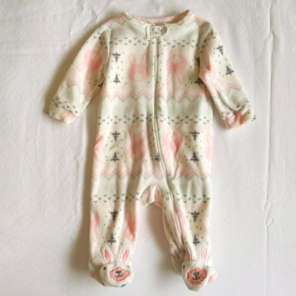 joe fresh winter bunny fleece zipper footie sleeper pajamas 0-3 months baby girl - Picture 1 of 5